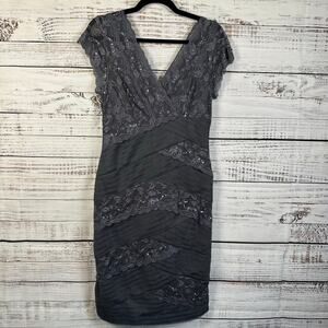 Womens MARINA Silver Gray Lace V Neck Shift Evening Midi Formal Dress Stretch 10